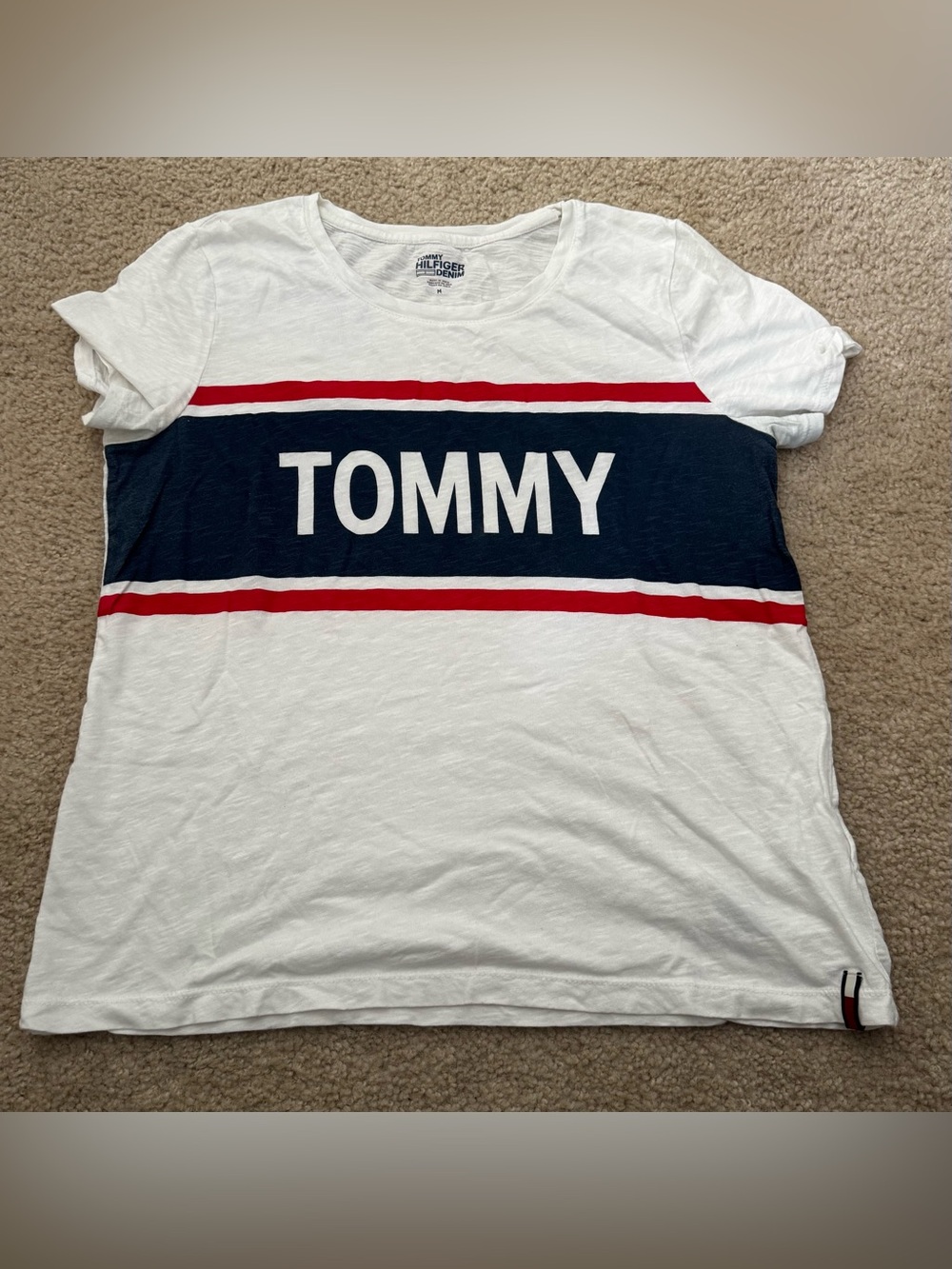 Tommy Hilfiger White 'TOMMY' Logo Stripe Tee size M